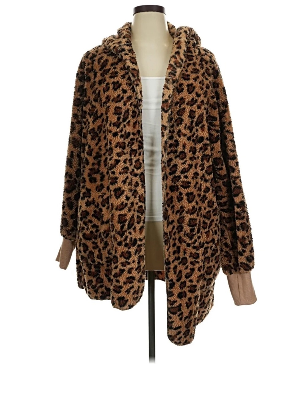 Leopard Print Teddy Jacket - Brown Faux Fur Hooded Coat - Picture 2 of 5